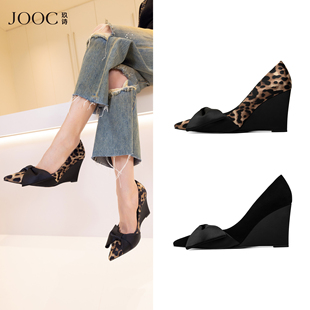 JOOC玖诗豹纹一脚蹬单鞋女2026春夏新款蝴蝶结坡跟尖头时装高跟鞋