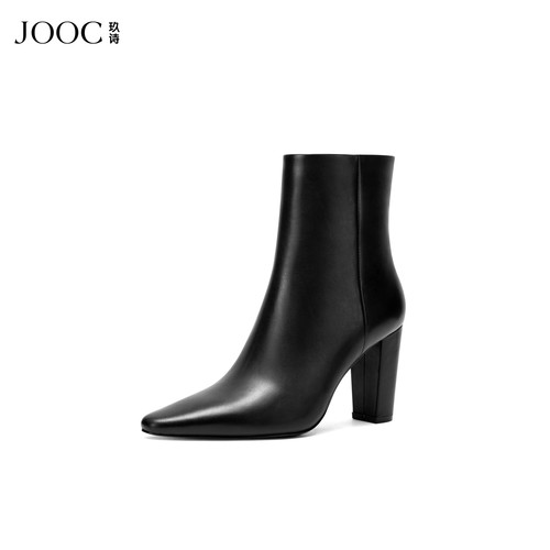 JOOC玖诗极简风牛皮尖头粗跟短靴
