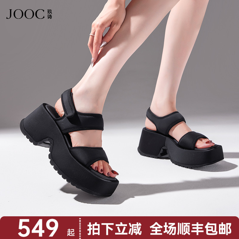 JOOC玖诗魔术贴休闲凉鞋女2025春夏新款性感黑色松糕厚底露趾
