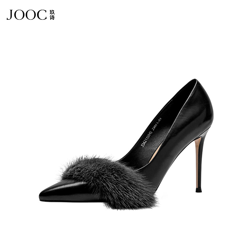 水貂毛JOOC玖诗胎牛皮高跟鞋