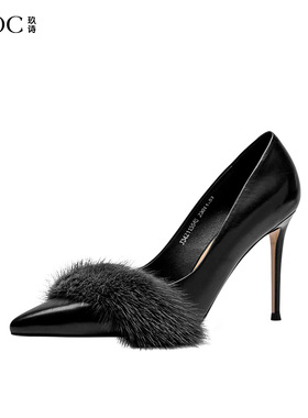 JOOC玖诗水貂毛高跟鞋女夏季新款细跟胎牛皮单鞋名媛小码