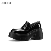 漫步巴黎 JOOC玖诗乐福鞋 女2026春季 新款 黑色百搭厚底小皮鞋