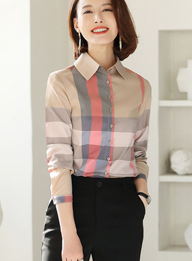 微胖重要场合阔太太洋气高贵气质女士上衣 卡其色英伦风格子衬衫