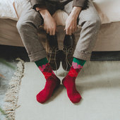 创意新年袜子男复古英伦文艺菱格纹ins潮中筒袜撞色学院风长袜女