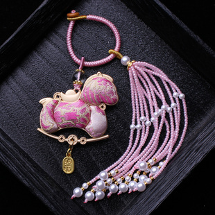 粉色双面小马非遗宋锦包包压襟挂件流苏旗袍汉服挂饰钥匙坠马造型
