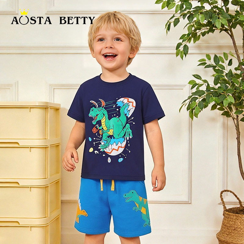 26夏季新款童装 欧美风卡通恐龙印花短袖套装 男童运动短裤两件套