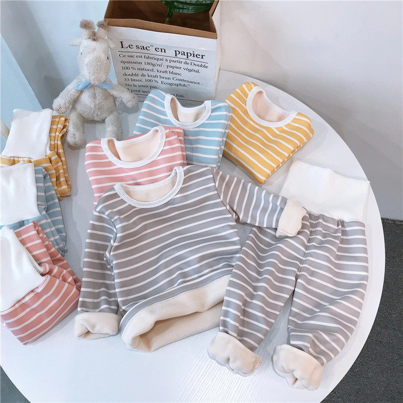 包邮特价儿童加绒保暖内衣套装宝宝秋冬款条纹家居服小孩秋衣秋裤