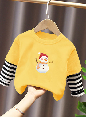 G2208#男童女童假两件长袖纯棉t恤新款儿童冬季装上衣宝宝圆领