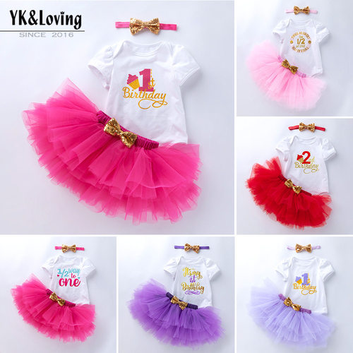 跨境批发 ins童装新款卡通生日款短袖哈衣公主裙彩色头戴三件套装