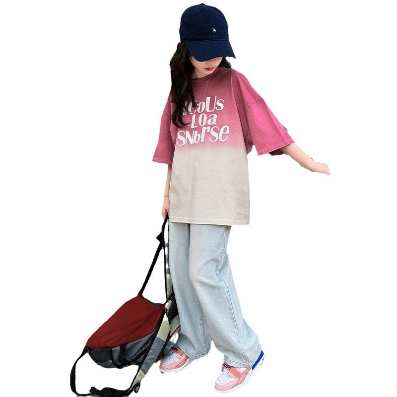 女童宽松夏季T恤两件套中大童渐变字母休闲夏季新款短袖T恤两件套,童装/婴儿装/亲子装,儿童运动套装,淘宝优惠券,粉丝福利购,淘宝优惠卷