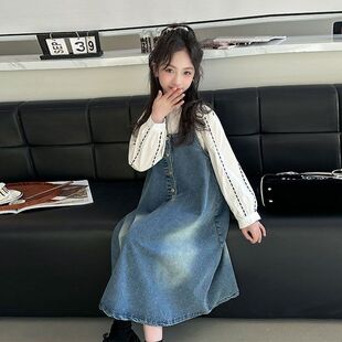 女童春装2025新款洋气时髦大童牛仔背带裙套装儿童春秋裙子两件套