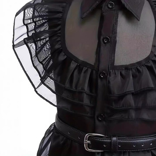 跨境INS中大童女童万圣节日款亚当斯一家星期三COSPLAY黑色礼服裙