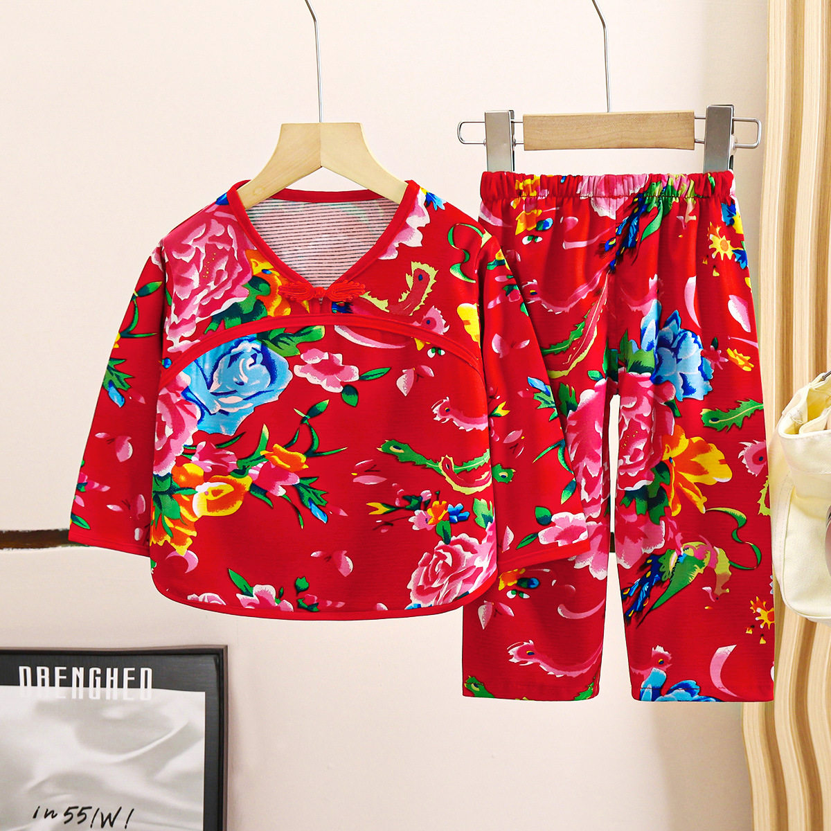 秋冬厚东北大花家居服冬季睡衣内衣儿童宝宝套装新中式女童中小童