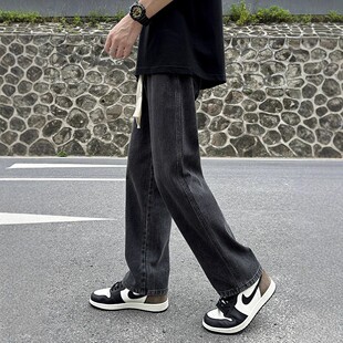 黑灰色复古牛仔裤男款抽绳宽松直筒个性高街男生休闲阔腿大码长裤