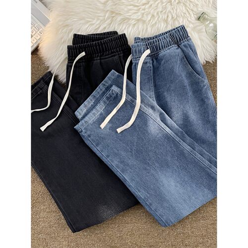 直筒松紧腰牛仔裤男士宽松阔腿裤