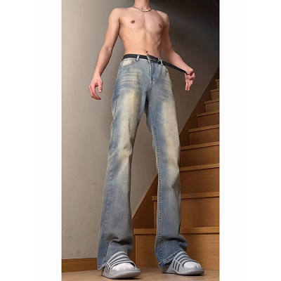 复古蓝皮带款牛仔裤男微喇长裤