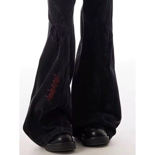 美式复古刺绣拼接亚比做旧微喇牛仔裤男女重工小众拖地阔腿长裤子