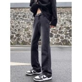 vibe风高街百搭长裤 宽松阔腿美式 男春秋款 黑色直筒水洗做旧牛仔裤