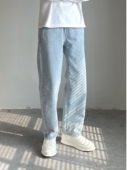 蓝色直筒长裤 宽松个性 潮流设计坠感百搭休闲拖地牛仔裤 韩版 男大码