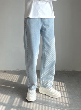 韩版蓝色直筒长裤宽松个性潮流设计坠感百搭休闲拖地牛仔裤男大码