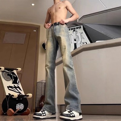 美式复古蓝色弯刀牛仔裤男款