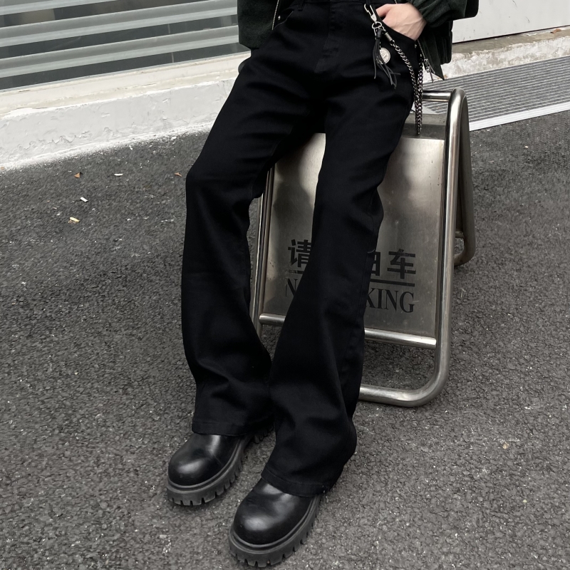 美式高街vibe纯黑色微喇牛仔裤男