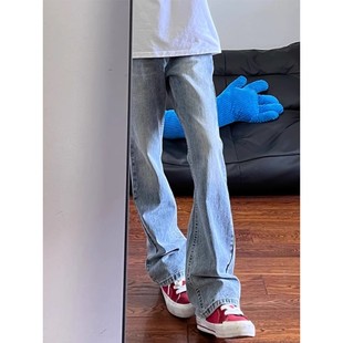 男款 显瘦微喇直筒裤 美式 子高街痞帅修身 vibe风裤 浅蓝色弯刀牛仔裤