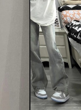 美式复古烟灰色微喇牛仔裤男秋季2025新款修身显瘦直筒高街裤子潮