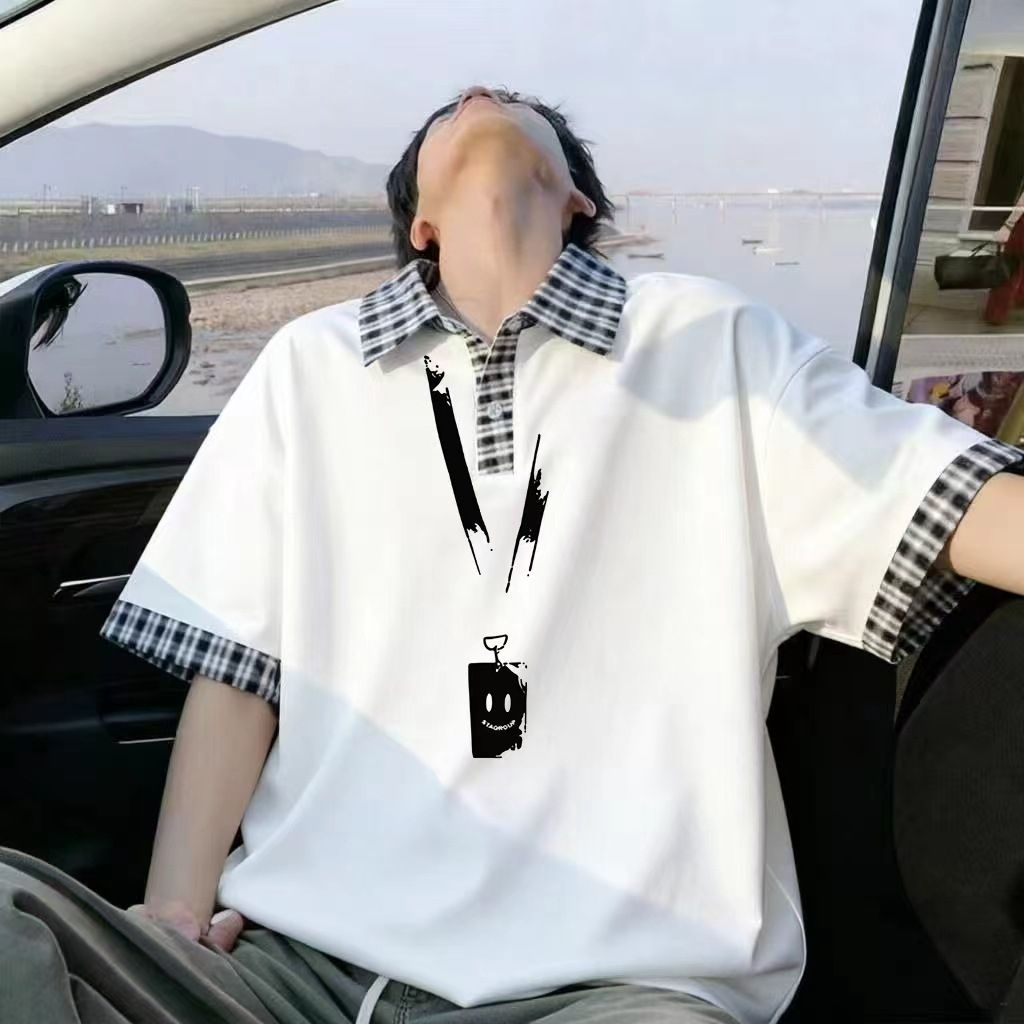 小众做旧涂鸦短袖POLO衫男生撞色格子翻领慵懒风潮流显瘦短袖体恤