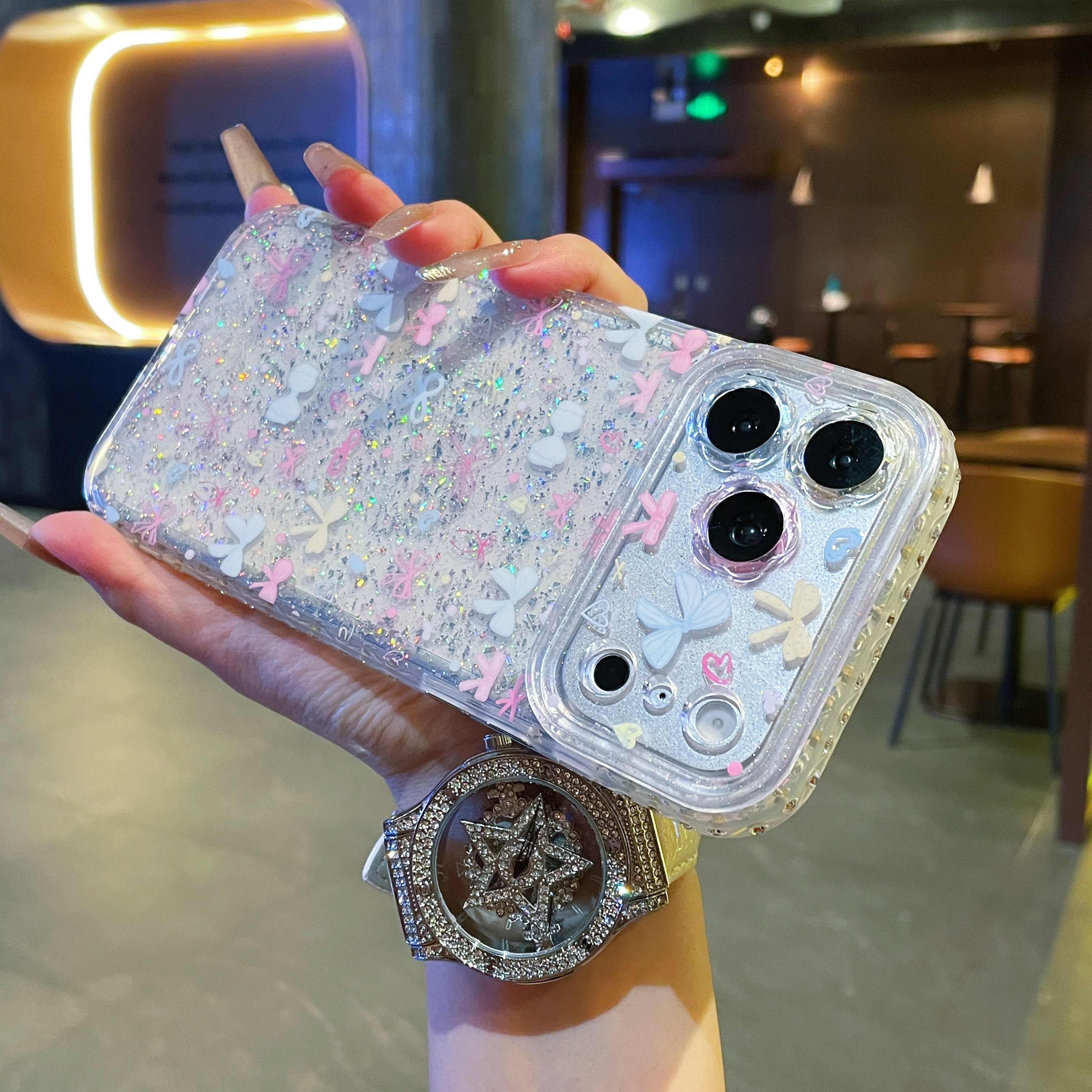 闪粉适用苹果17ProMax新款手机壳iPhone14贝壳纹马卡龙蝴蝶结透明闪钻防摔14promax时尚网红女款保护壳
