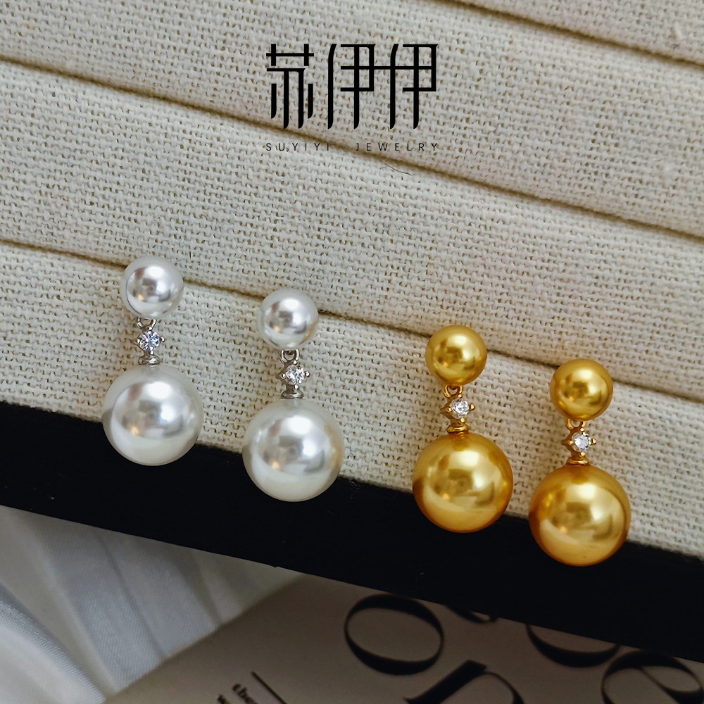 苏伊伊玉落珍珠耳钉双珠款耳环人造冷光澳白S925纯银正圆强光