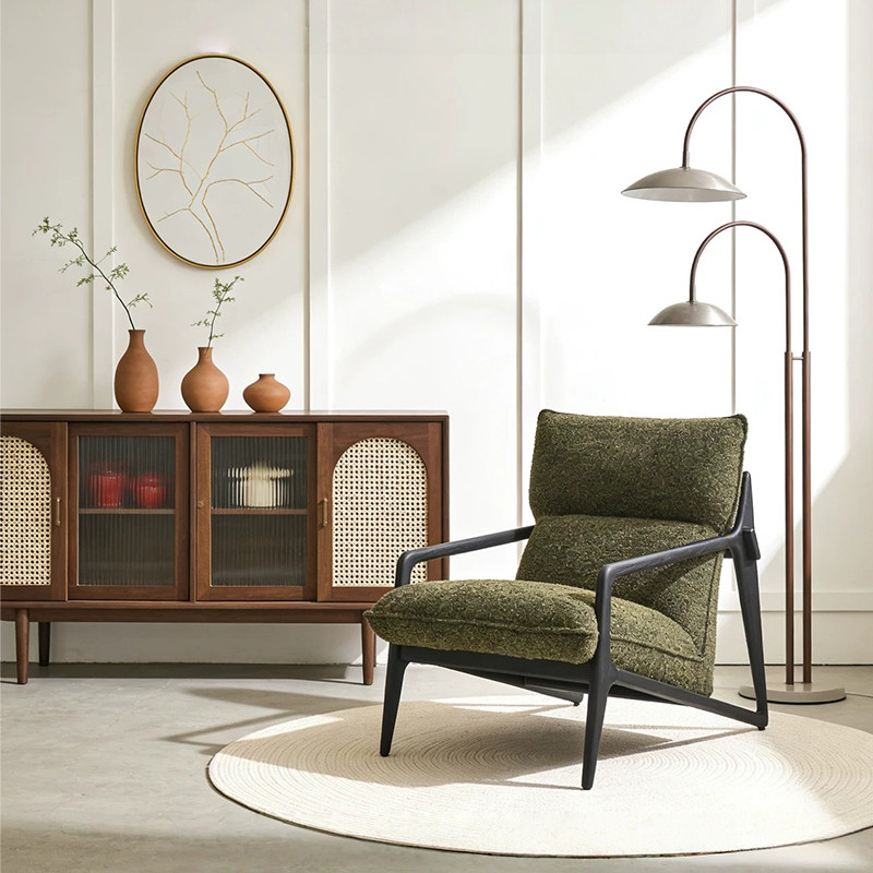 中古风白蜡木粗麻布艺小户型单人位复古风实木阳台客厅休闲沙发椅