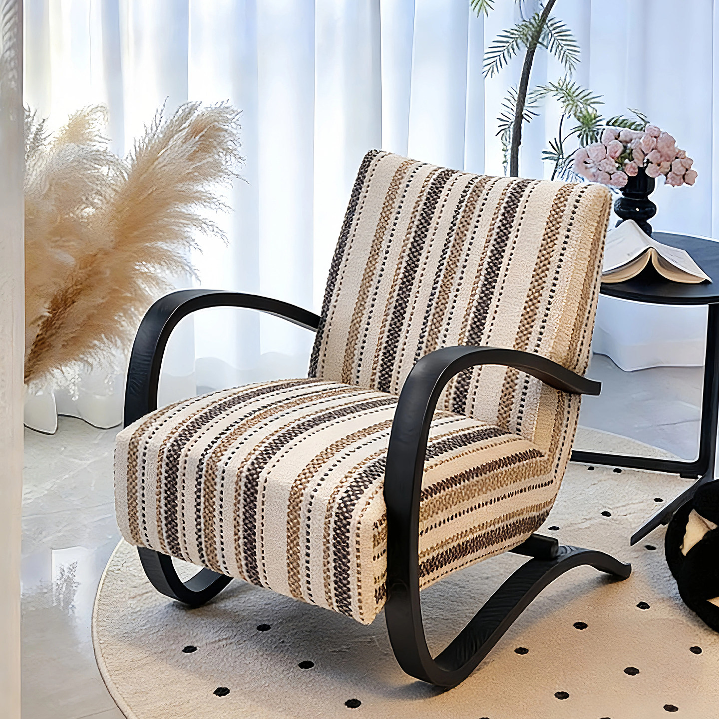 法式风棉麻条纹小户型单人位沙发复古风实木阳台客厅伯克休闲椅子