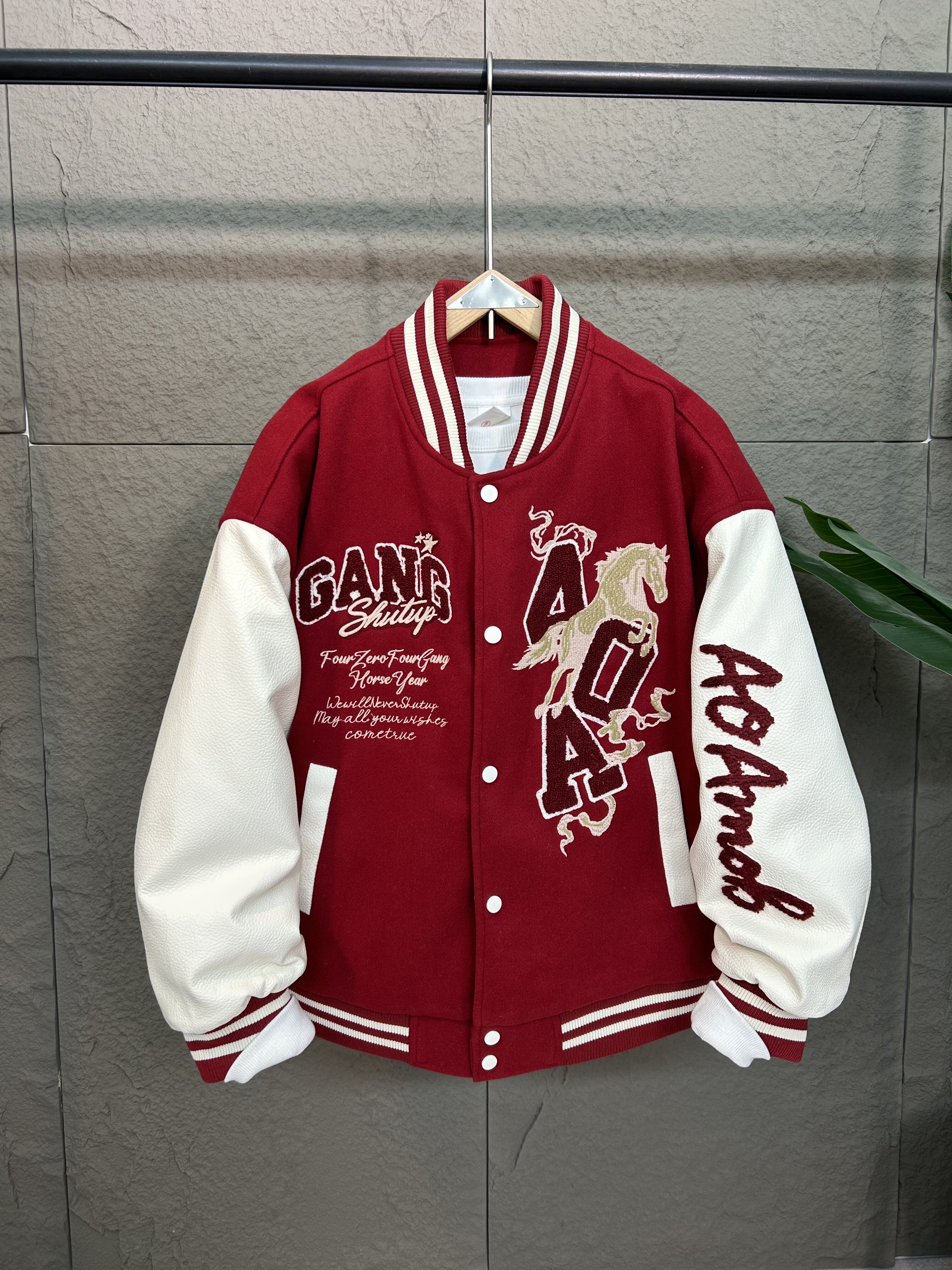 潮牌夹棉毛呢夹克冬季马年限定拼皮袖刺绣二棉棒球服宽松男女情侣