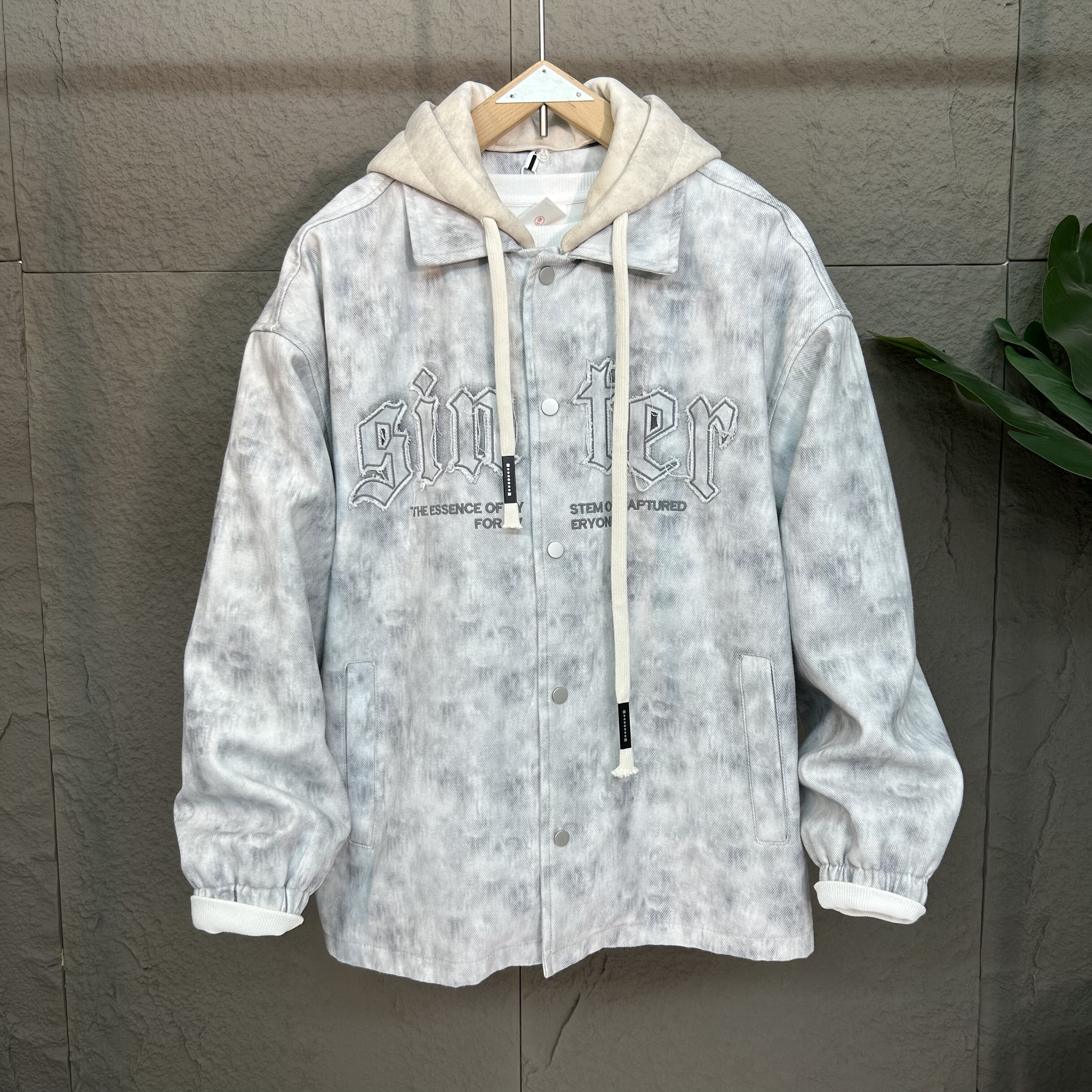 潮牌加绒夹克2025秋冬加厚可拆卸帽扎染牛仔外套宽松阔版男女情侣