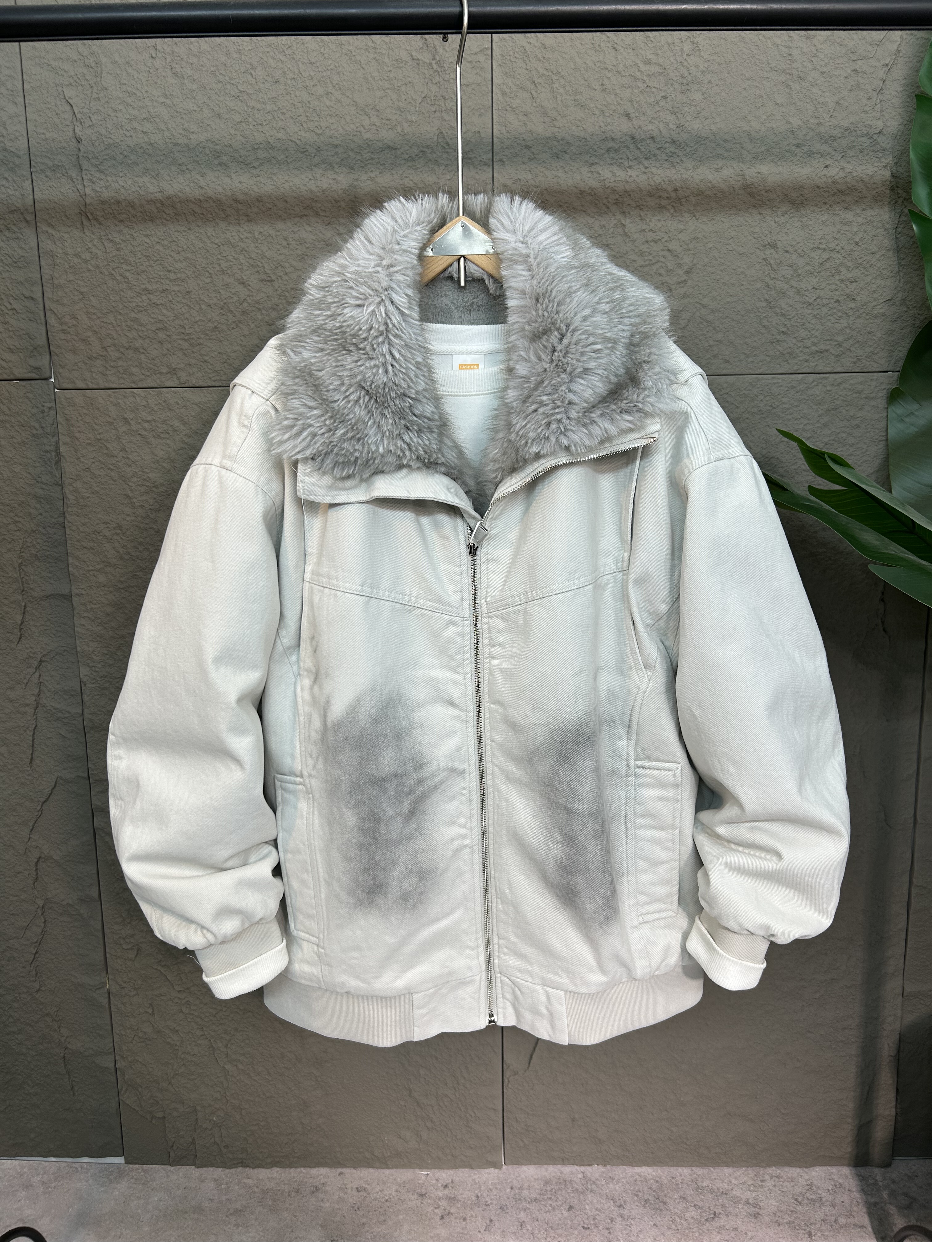 潮牌牛仔夹克加绒加厚冬季大毛领翻领派克服外套宽松保暖男女情侣