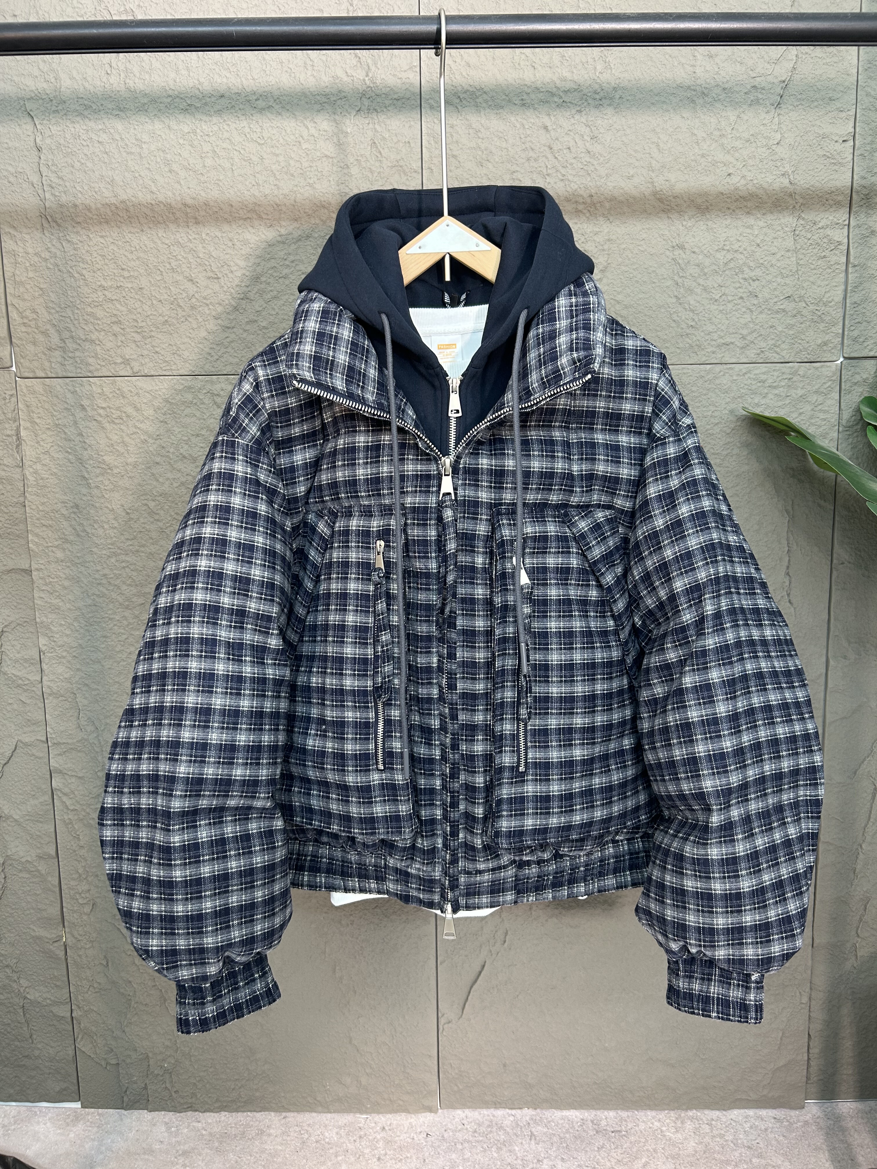 潮牌加厚棉服冬季格子连帽假两件保暖外套宽松阔版男女情侣设计感