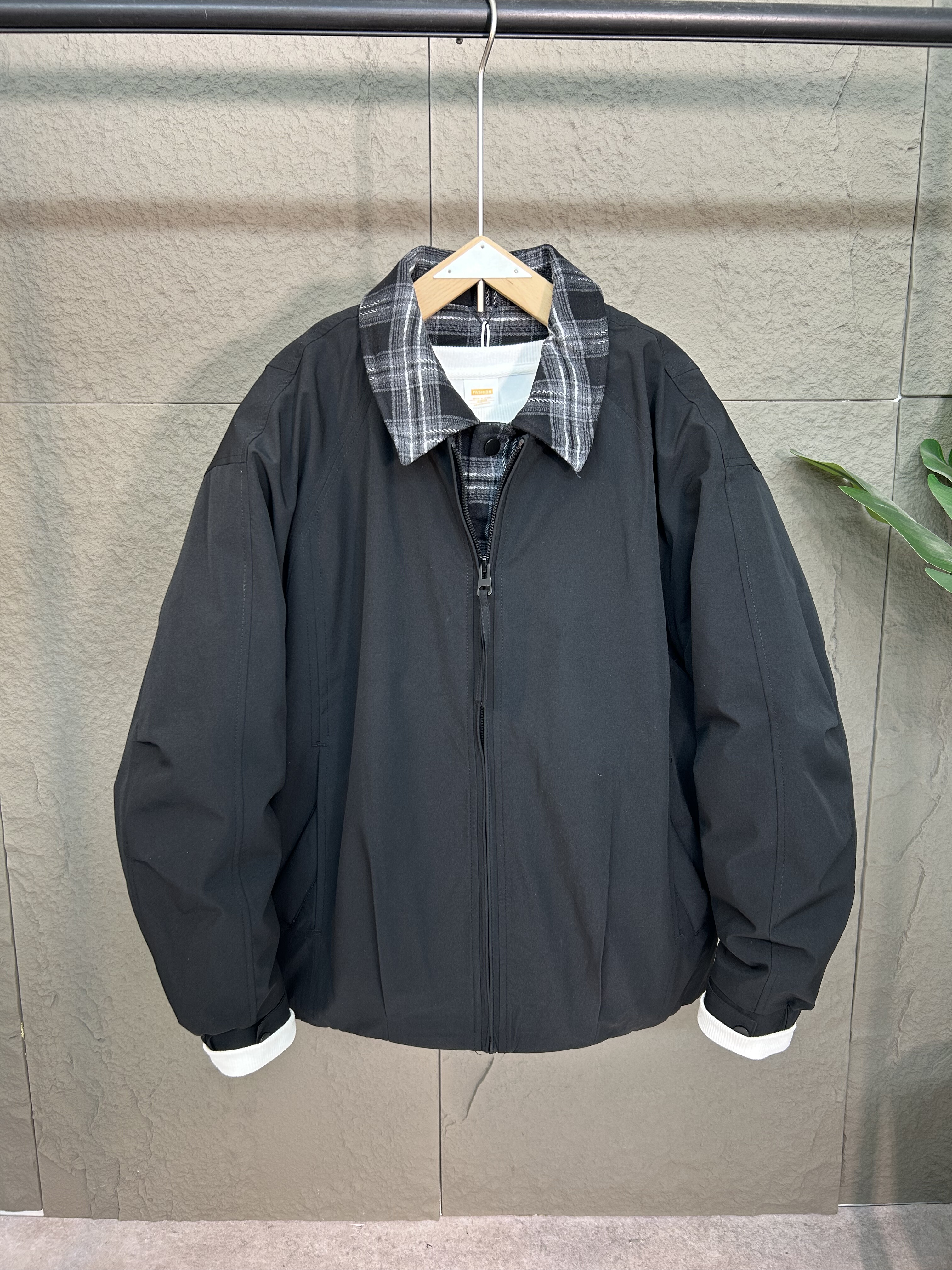 潮牌白鸭绒羽绒服冬季翻领格子假两件保暖外套宽松阔版男女情侣