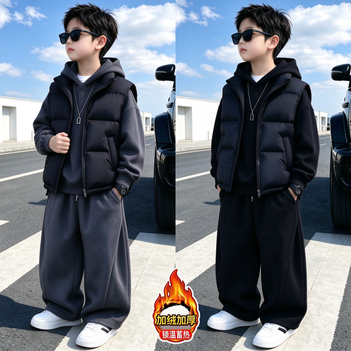 男童秋冬韩版痞帅加绒卫衣套装中大童儿童马甲卫衣裤子休息三件套