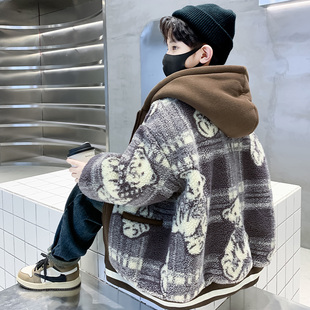 男童棉服儿童冬季羊羔绒外套中大童男孩毛毛衣夹棉保暖连帽薄棉衣