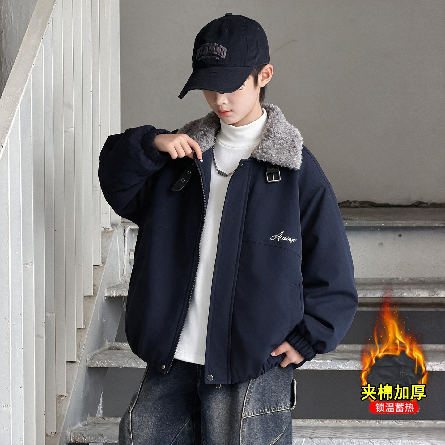 男童秋冬夹棉外套2026新款6~12岁男孩中大童冬装加厚派克服薄棉衣