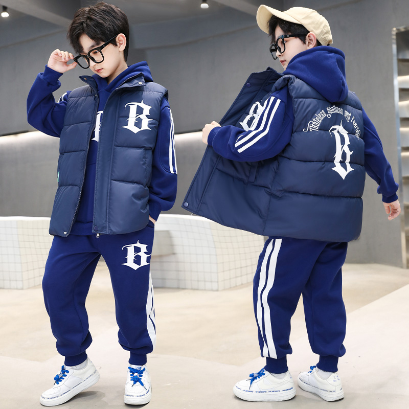 男童加绒套装儿童秋冬三件套2025新款中大童冬装加厚男孩童装休闲