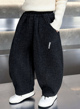 儿童秋冬加绒弯刀裤男童休闲保暖长裤黑色加厚裤子宝宝宽松阔腿裤