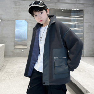 男童加绒外套儿童冬季羊羔绒上衣中大童男孩毛毛衣保暖连帽薄棉衣