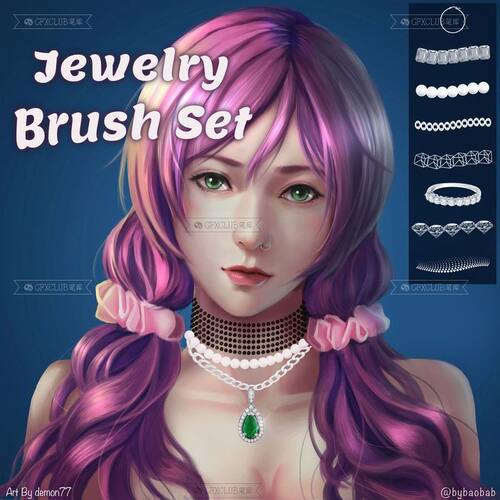 Procreate珠宝首饰项链珍珠锁链8款插画创作人物角色绘制iPad绘画