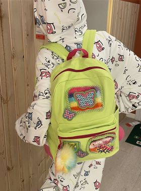 日光欲双肩包学生书包毛毛绿色背包冬通勤甜酷大容量登山电脑包