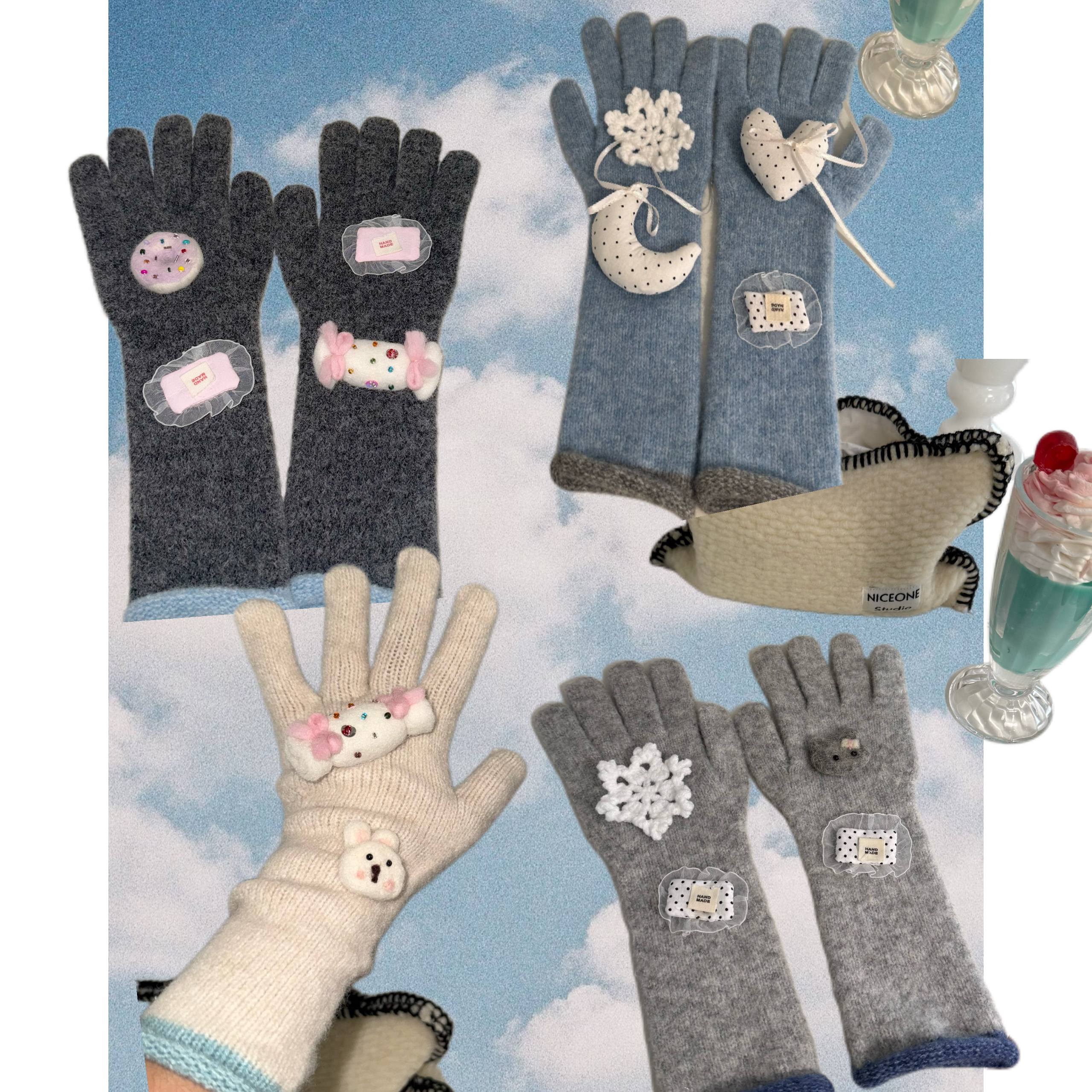 日光欲自制Y2K韩国拼色冬季羊毛加长保暖可爱毛绒可触屏针织手套