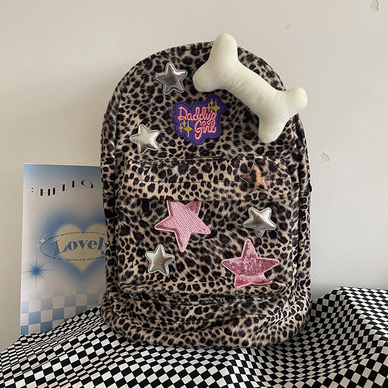 MILLENNIUM FIVE-POINTED STAR BACKPACK CUTE GIRL LEOPARD PRINT COLLEGE STUDENT SCHOOLBAG FEMALE PLUSH NICHE ALL-MATCH ABI BACKPACK