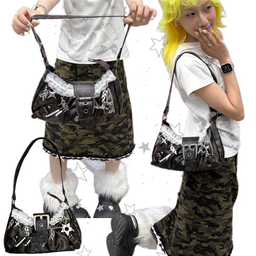 日光欲原创波嬉风腋下包Y2K千禧蕾丝小众设计新月甜酷手提单肩包