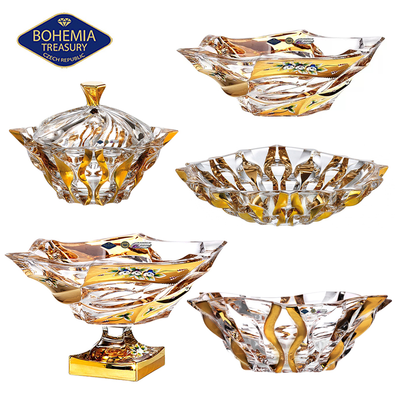 捷克BOHEMIA进口水晶玻璃描金零食糖果盒水果盘果斗干果盆糖缸